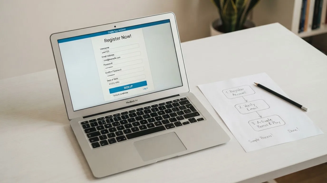 Nahaufnahme eines Laptop-Bildschirms mit einem Formular zur Kontoeroeffnung, daneben ein Blatt Papier mit einer handgezeichneten Ablaufskizze.