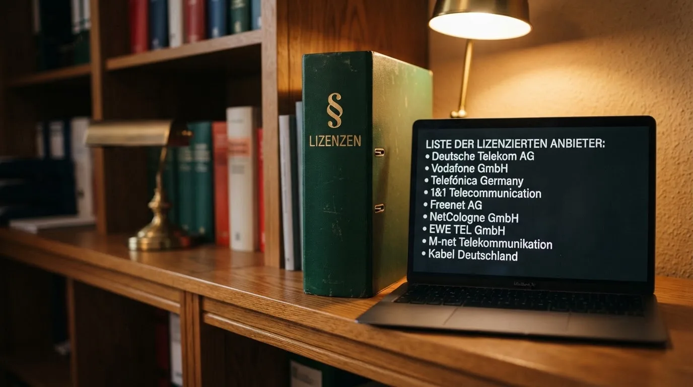 Nahaufnahme eines Aktenordners mit Paragraphenzeichen auf dem Ruecken, daneben ein aufgeklapptes Notebook mit einer Uebersichtsliste lizenzierter Anbieter.