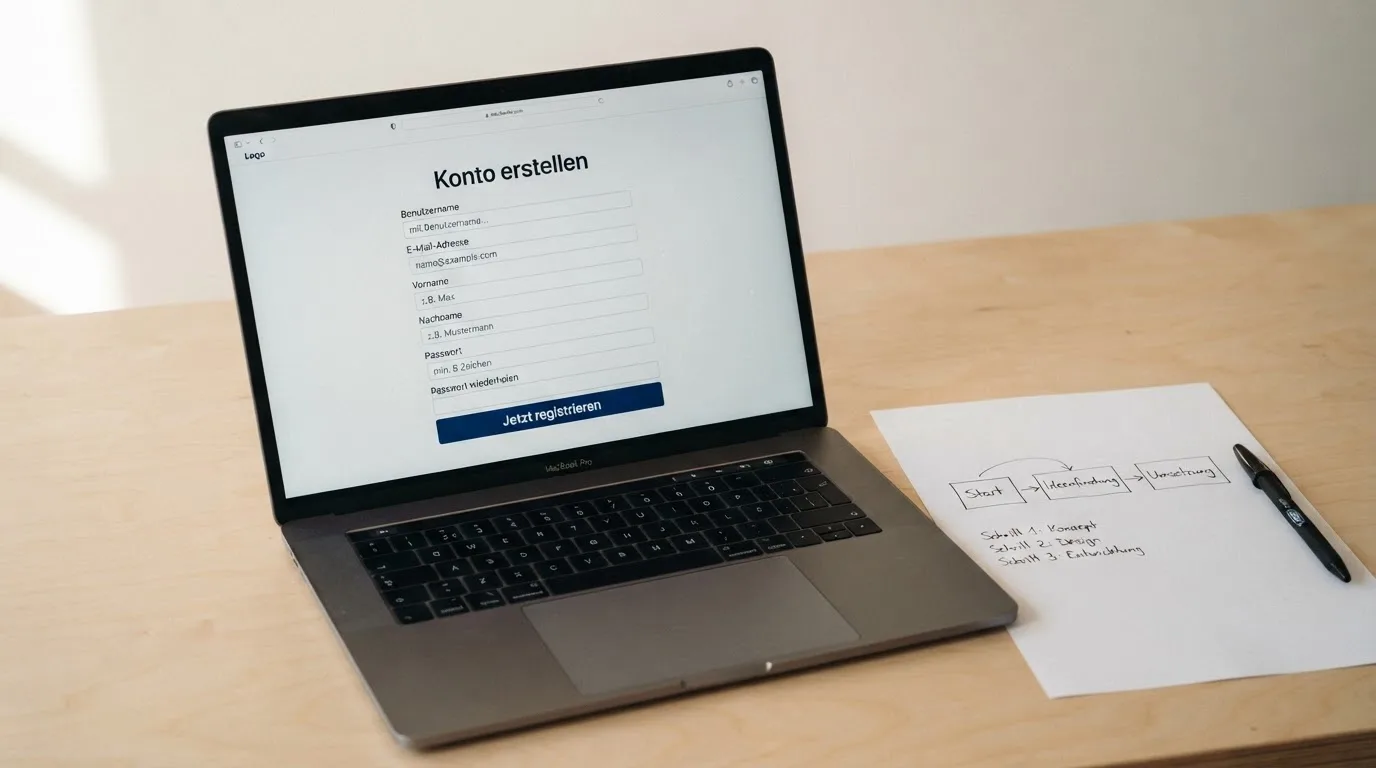 Nahaufnahme eines Laptop-Bildschirms mit einem Formular zur Kontoeroeffnung, daneben ein Blatt Papier mit einer handgezeichneten Ablaufskizze.