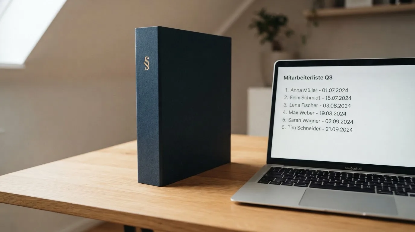 Nahaufnahme eines Aktenordners mit Paragraphenzeichen auf dem Ruecken, daneben ein aufgeklapptes Notebook mit einer Uebersichtsliste lizenzierter Anbieter.