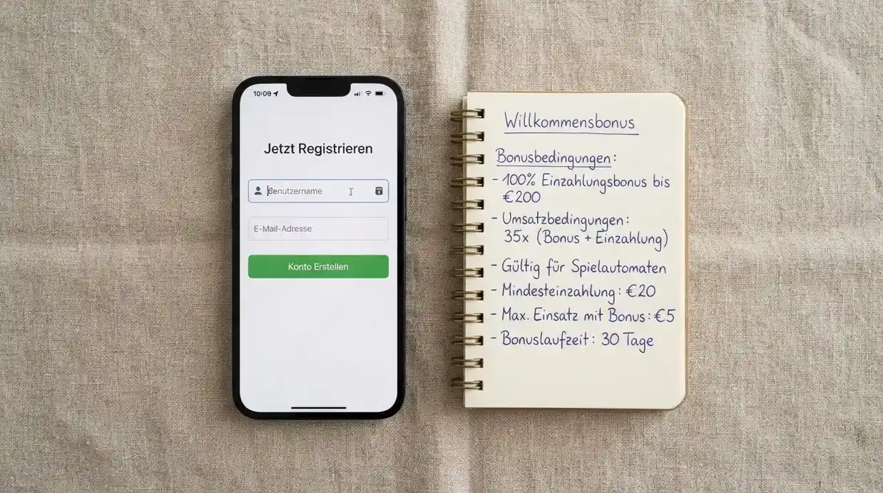 Draufsicht auf ein Smartphone mit einer geoeffneten Registrierungsmaske fuer ein Spielerkonto, daneben ein Notizblock mit handschriftlichen Bonusbedingungen.