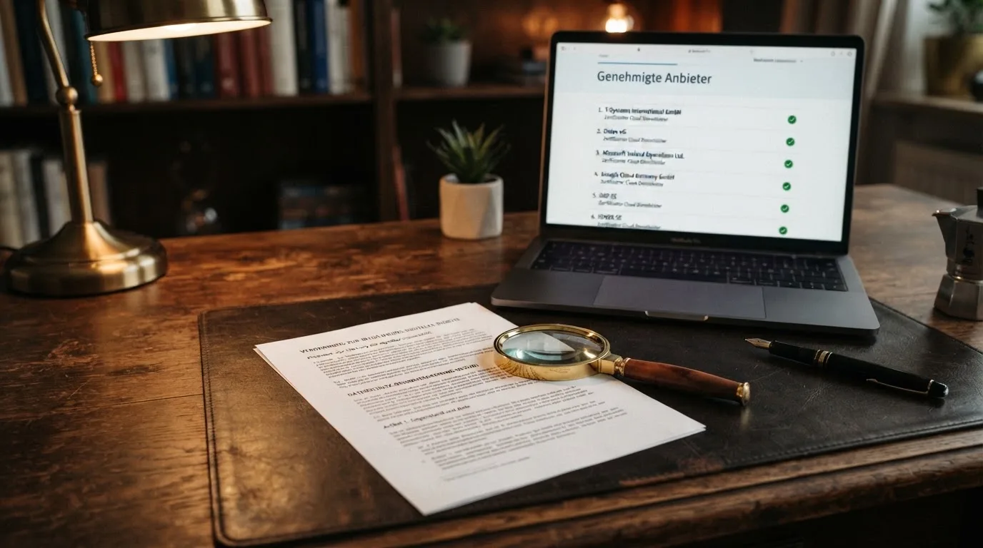 Schreibtisch mit einem ausgedruckten Gesetzestext, einer Lupe und einem Laptop, auf dessen Bildschirm eine Behoerdenwebsite mit einer Liste erlaubter Anbieter zu sehen ist.