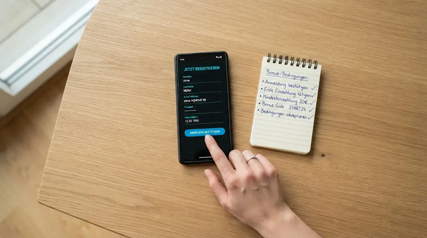 Draufsicht auf ein Smartphone mit einer geoeffneten Registrierungsmaske fuer ein Spielerkonto, daneben ein Notizblock mit handschriftlichen Bonusbedingungen.