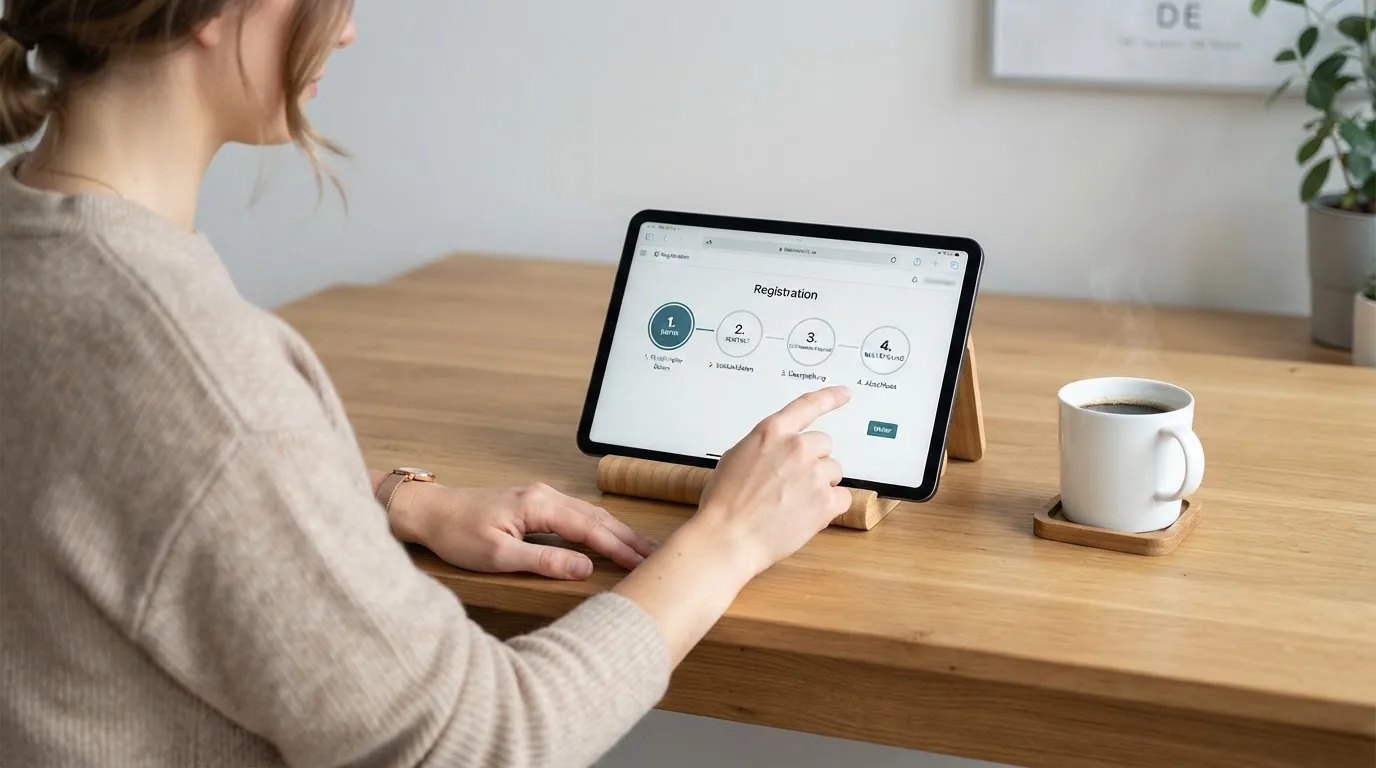 Schreibtisch mit einem Tablet, auf dem ein Schema mit nummerierten Schritten eines Anmeldevorgangs zu sehen ist, daneben ein Kaffeebecher.