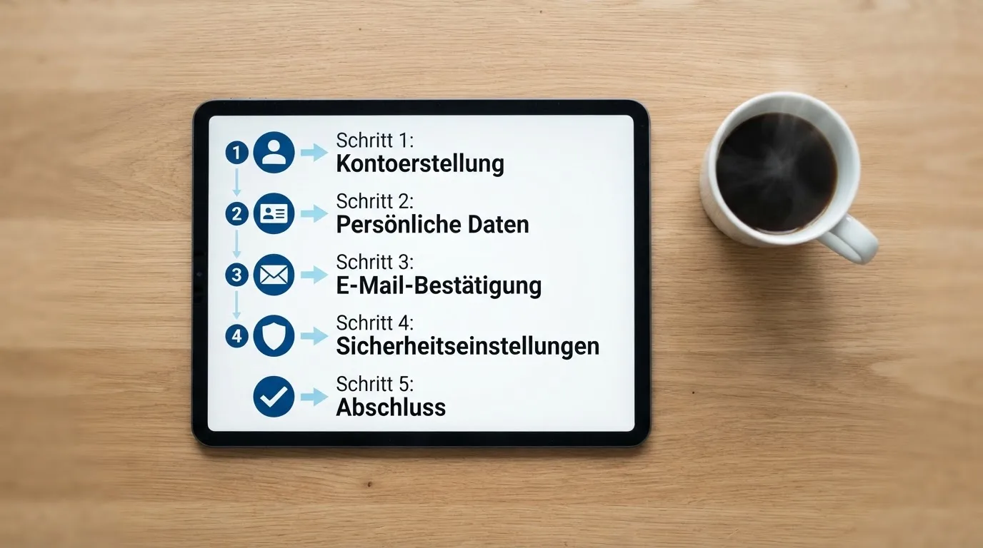 Schreibtisch mit einem Tablet, auf dem ein Schema mit nummerierten Schritten eines Anmeldevorgangs zu sehen ist, daneben ein Kaffeebecher.