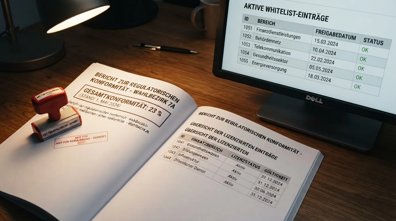 Schreibtisch mit einem gedruckten Amtsdokument, einem Stempel und einem Bildschirm, auf dem eine offizielle Whitelist-Tabelle angezeigt wird.
