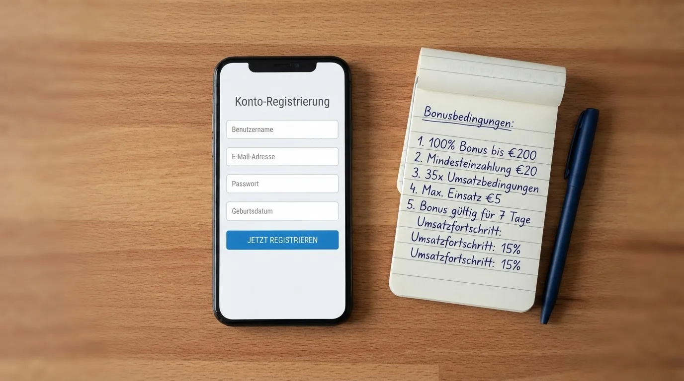 Draufsicht auf ein Smartphone mit einer geoeffneten Registrierungsmaske fuer ein Spielerkonto, daneben ein Notizblock mit handschriftlichen Bonusbedingungen.