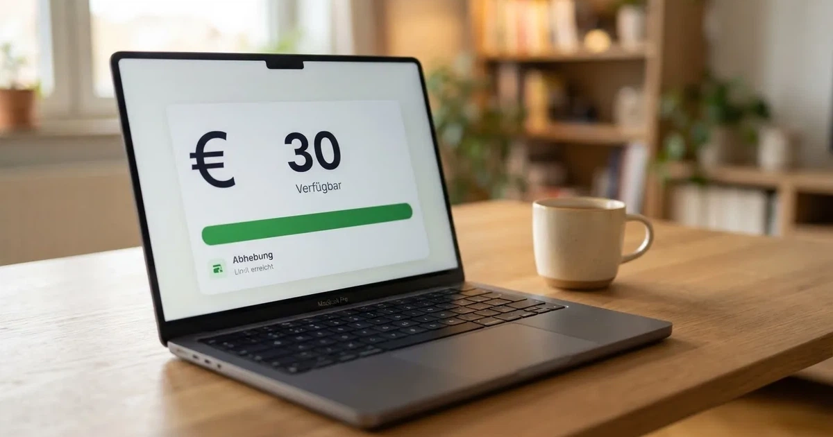Nahaufnahme eines Laptop-Bildschirms mit einer Kontouebersicht, auf der ein Guthabenbetrag in Euro und ein Auszahlungsstatus zu sehen sind.