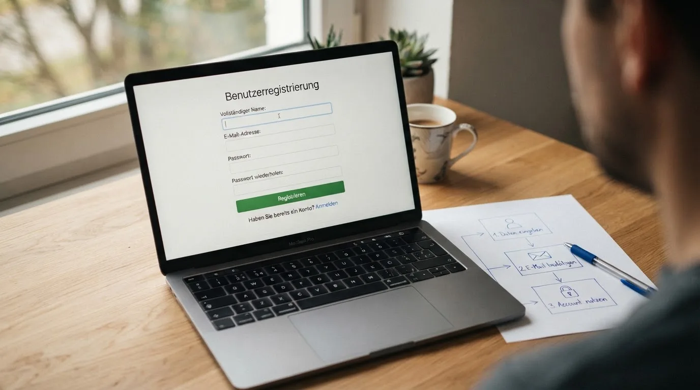 Nahaufnahme eines Laptop-Bildschirms mit einem Formular zur Kontoeroeffnung, daneben ein Blatt Papier mit einer handgezeichneten Ablaufskizze.