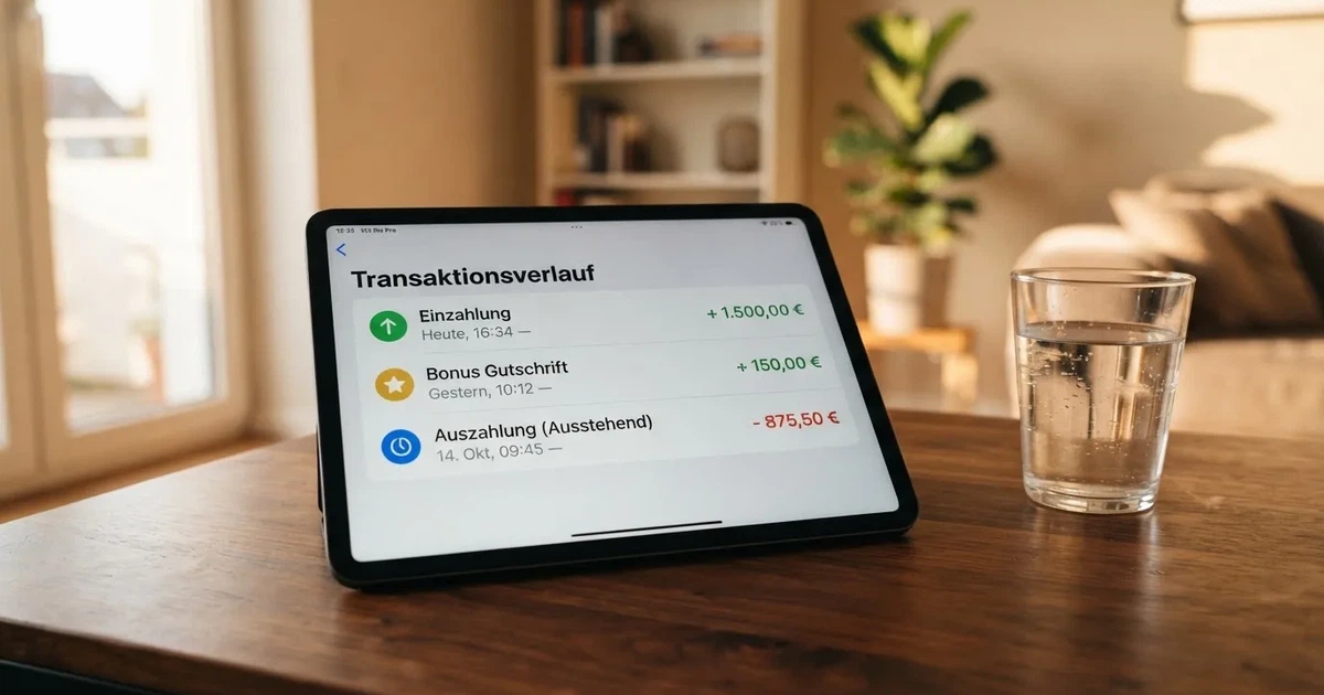 Nahaufnahme eines Tablet-Bildschirms mit einer Transaktionsliste, in der Einzahlung, Bonusgutschrift und Auszahlungsstatus untereinander aufgefuehrt sind.