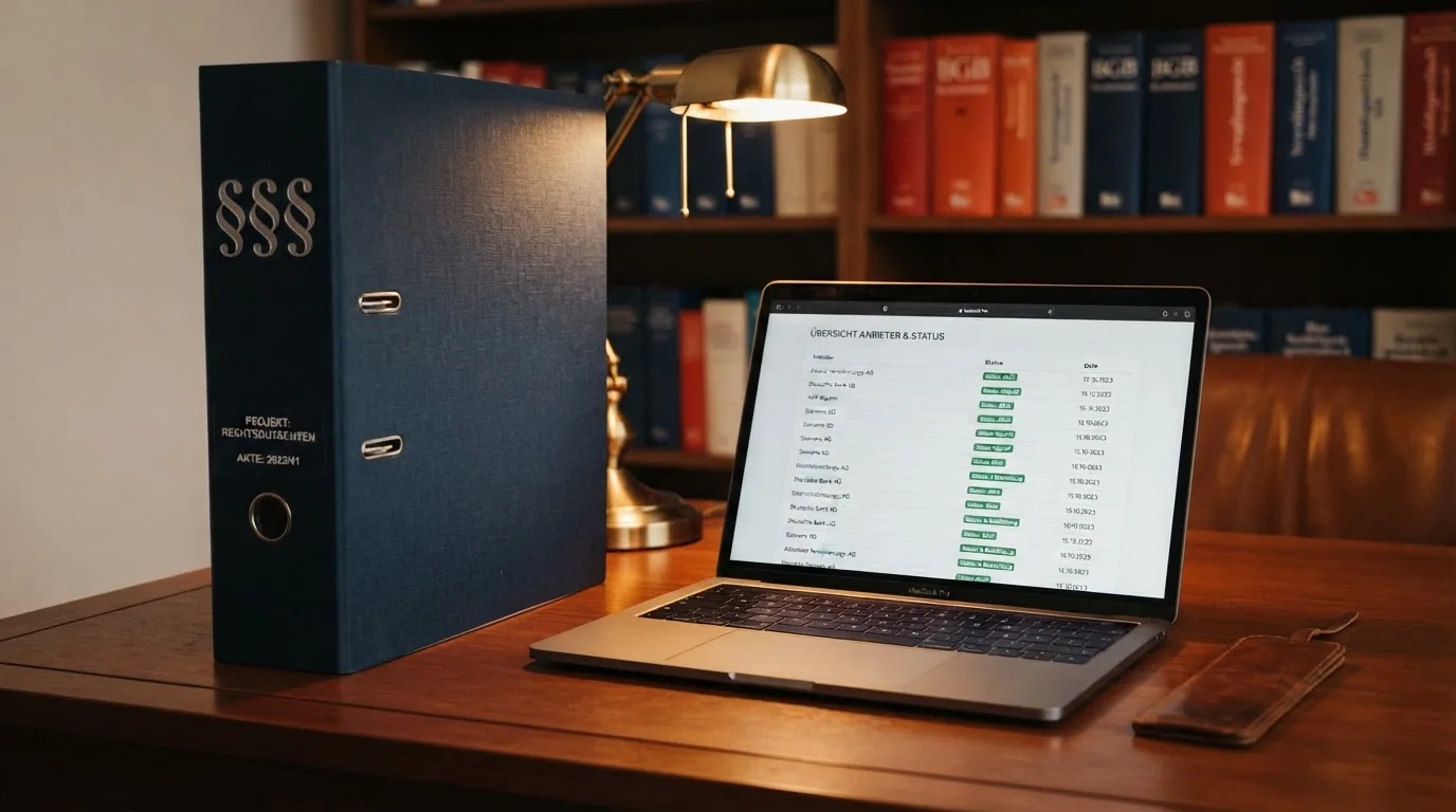 Nahaufnahme eines Aktenordners mit Paragraphenzeichen auf dem Ruecken, daneben ein aufgeklapptes Notebook mit einer Uebersichtsliste lizenzierter Anbieter.