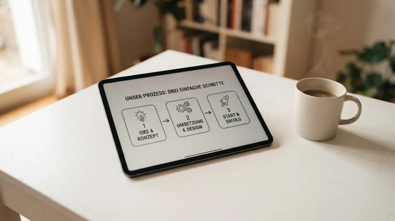 Schreibtisch mit einem Tablet, auf dem ein Schema mit nummerierten Schritten eines Anmeldevorgangs zu sehen ist, daneben ein Kaffeebecher.
