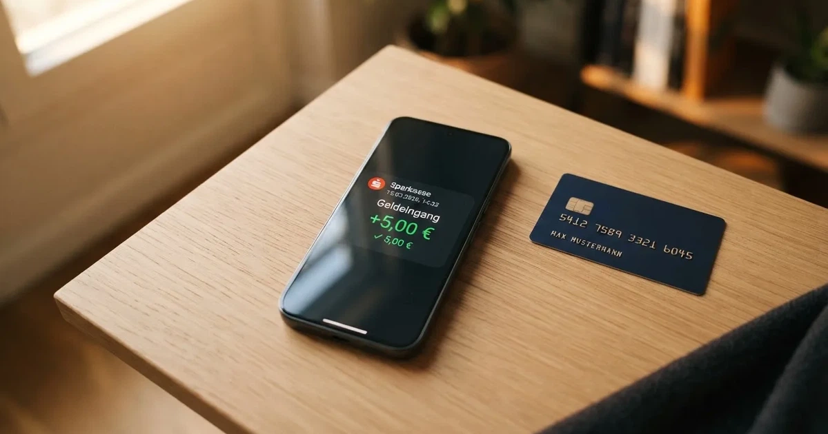 Schreibtisch mit einem Smartphone, auf dessen Bildschirm eine Kontobewegung mit Datum und Betrag in Euro angezeigt wird, daneben eine Bankkarte.