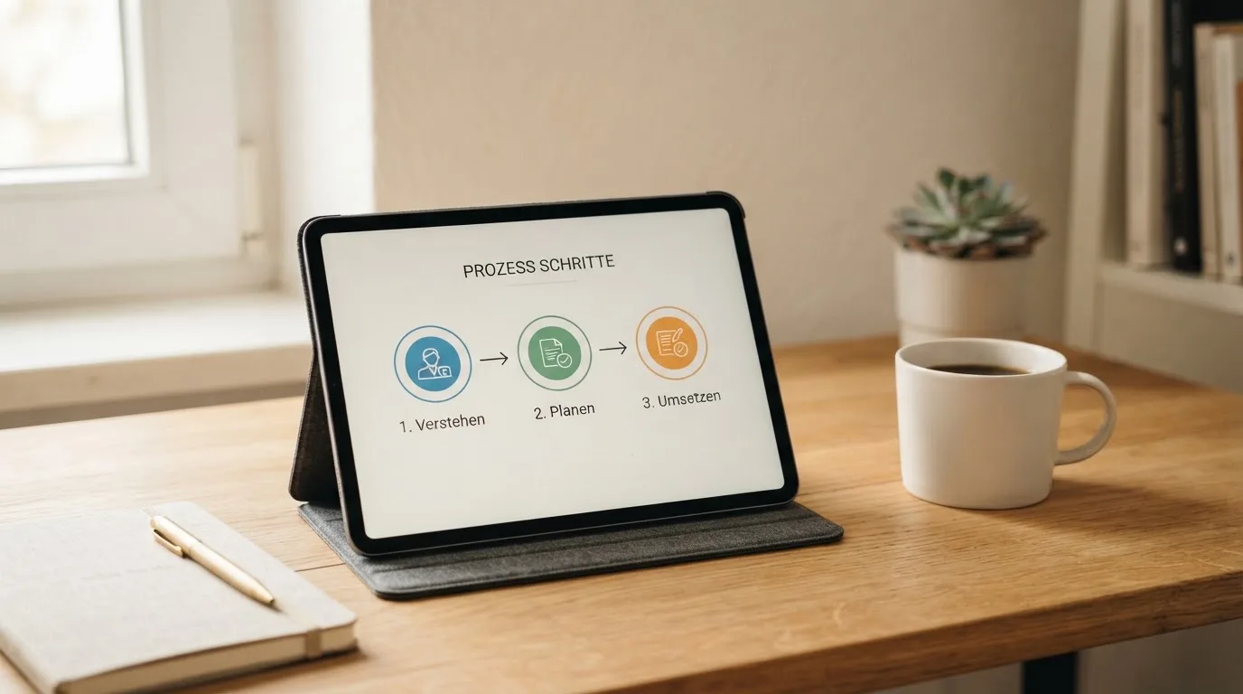 Schreibtisch mit einem Tablet, auf dem ein Schema mit nummerierten Schritten eines Anmeldevorgangs zu sehen ist, daneben ein Kaffeebecher.