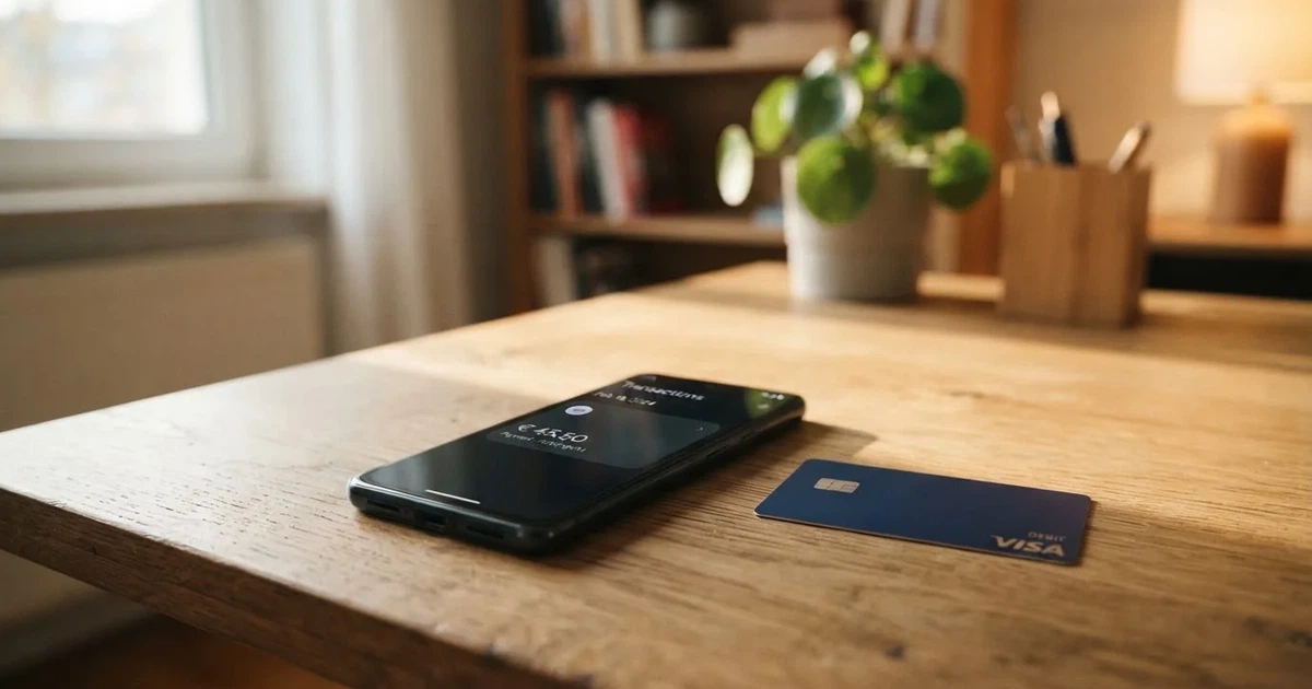 Schreibtisch mit einem Smartphone, auf dessen Bildschirm eine Kontobewegung mit Datum und Betrag in Euro angezeigt wird, daneben eine Bankkarte.