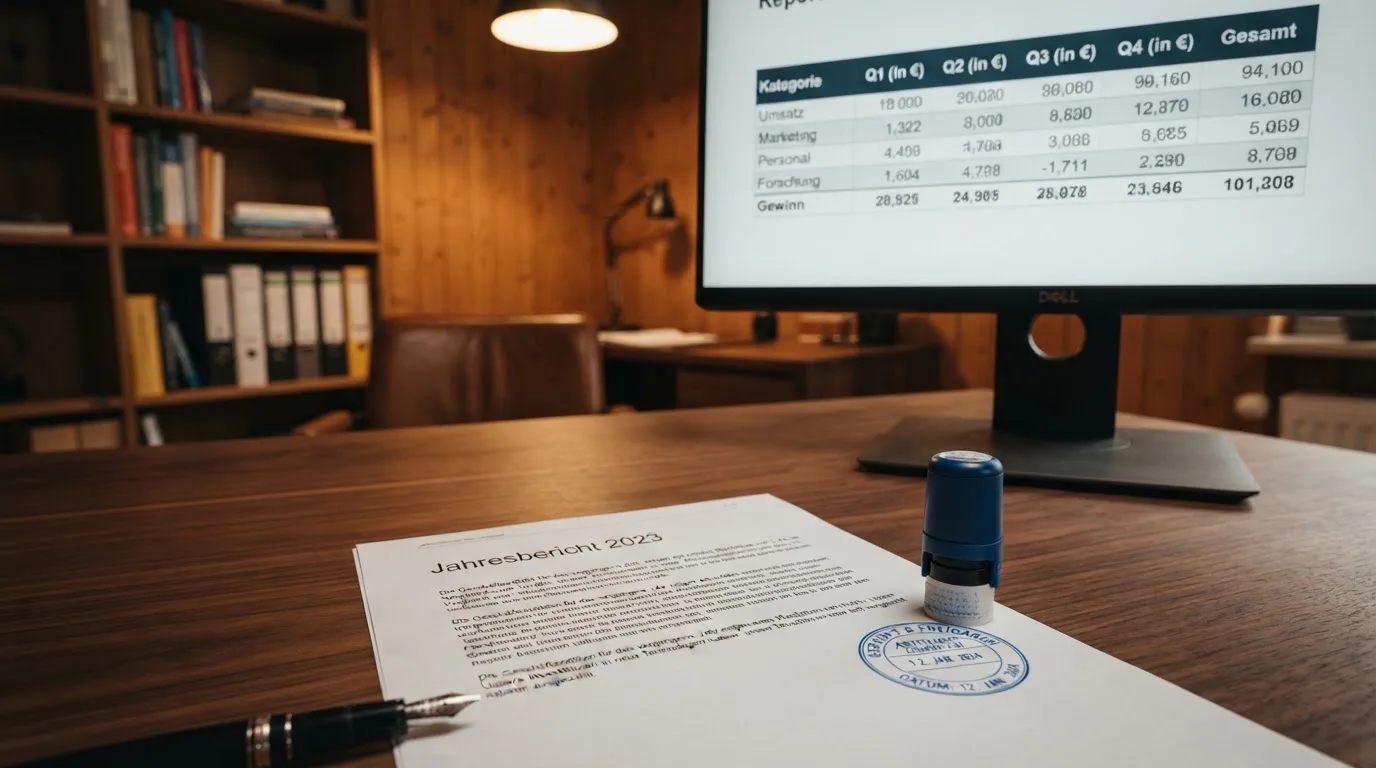 Schreibtisch mit einem gedruckten Amtsdokument, einem Stempel und einem Bildschirm, auf dem eine offizielle Whitelist-Tabelle angezeigt wird.