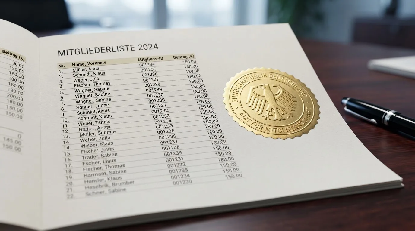 Nahaufnahme einer gedruckten Liste zugelassener Anbieter neben einem amtlichen Prüfsiegel.