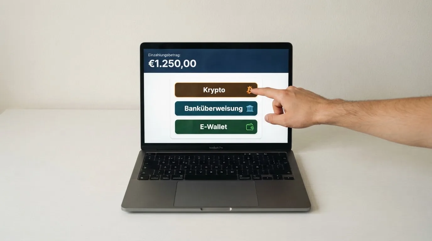 Bildschirm einer Kassenseite mit Auswahlfeldern für verschiedene Zahlungsmethoden in einem Online-Casino.