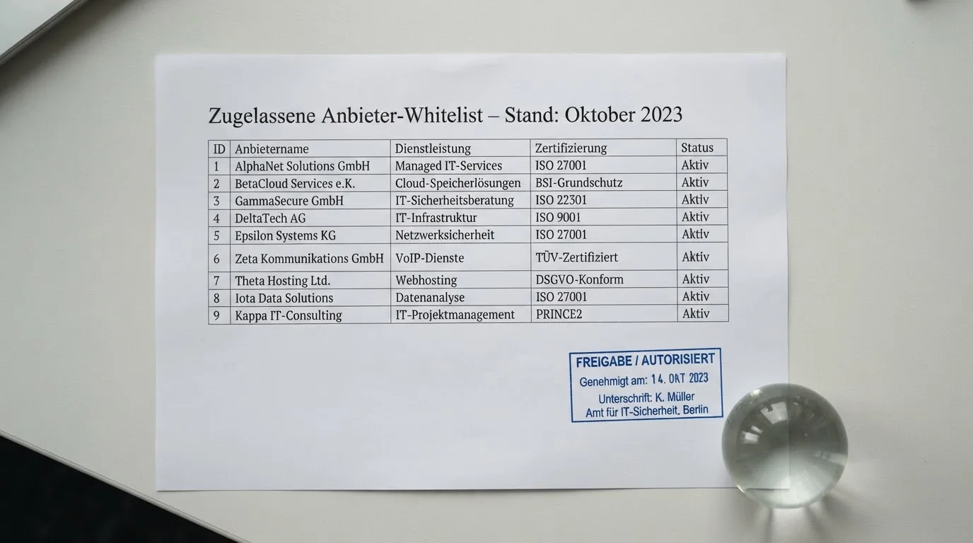 Nahaufnahme einer gedruckten Anbieterliste neben einem amtlichen Prüfsiegel.