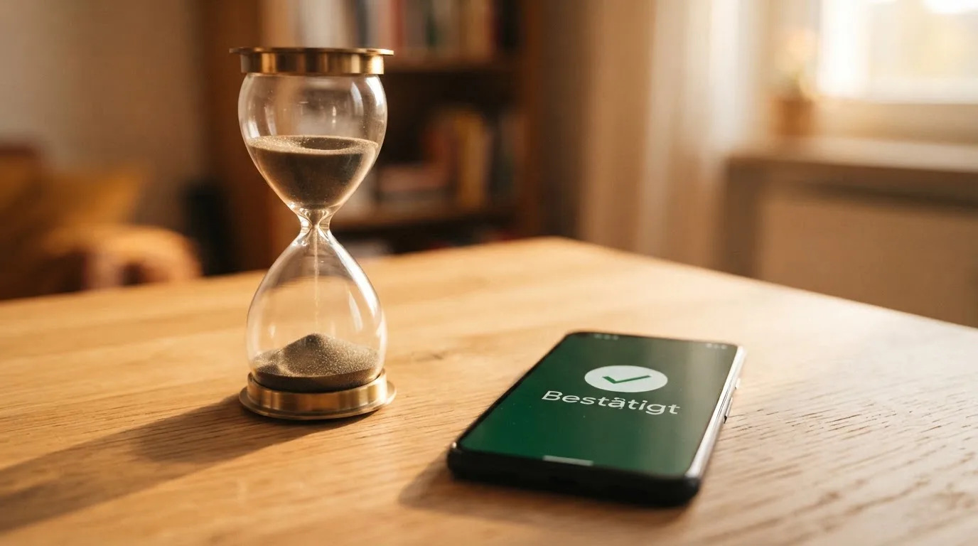 Nahaufnahme einer Sanduhr neben einem Smartphone-Bildschirm mit einer Zahlungsbestätigung.