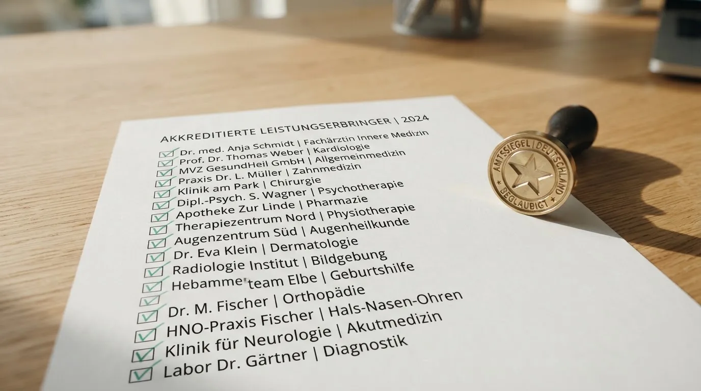 Nahaufnahme einer gedruckten Anbieterliste neben einem amtlichen Prüfsiegel.