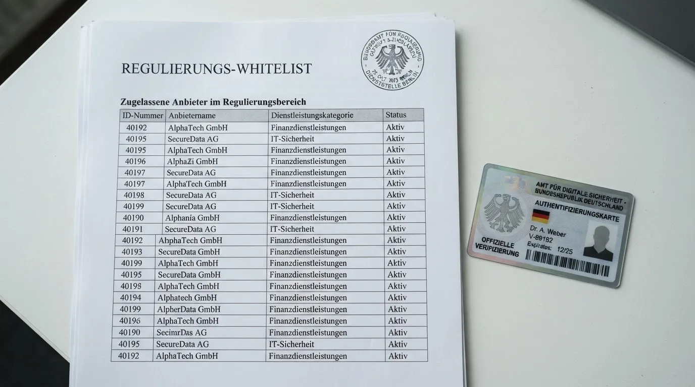 Nahaufnahme einer gedruckten Anbieterliste neben einem amtlichen Prüfsiegel.