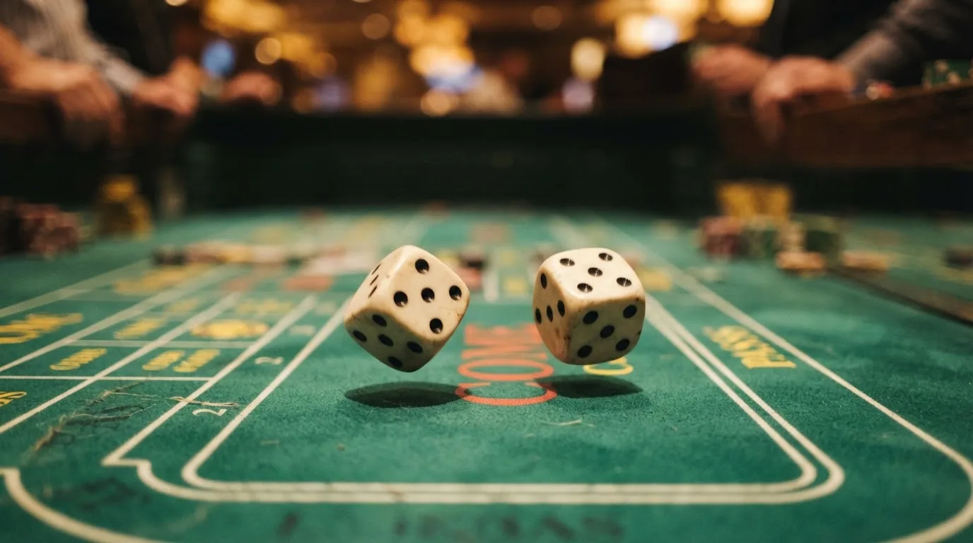 Nahaufnahme zweier rollender Würfel auf einem grünen Spieltisch.