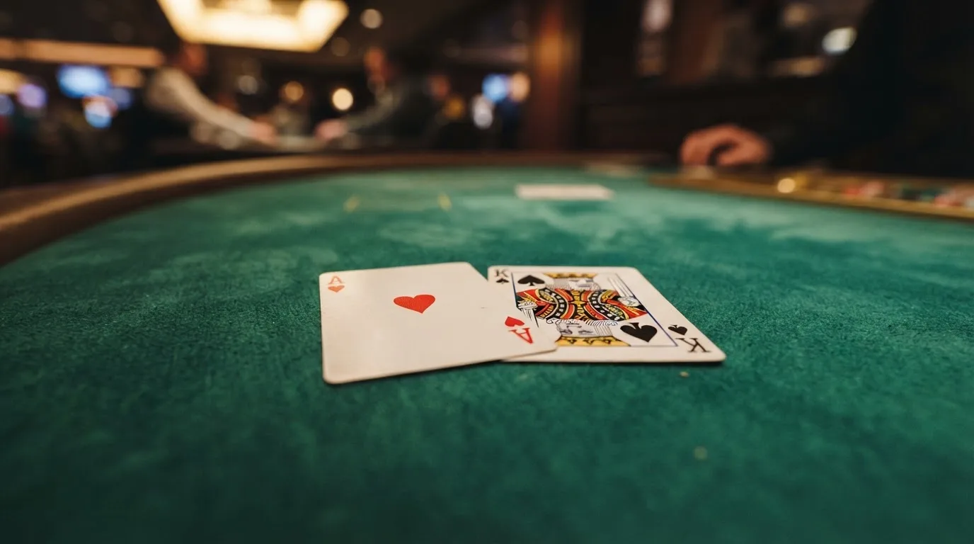 Nahaufnahme zweier aufgedeckter Spielkarten neben einem grünen Kartentisch.