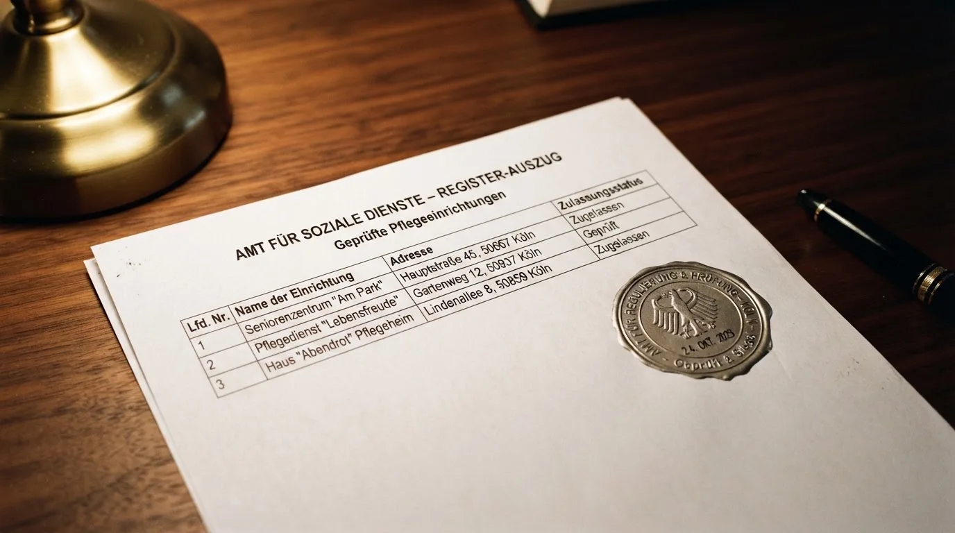 Nahaufnahme einer gedruckten Anbieterliste neben einem amtlichen Prüfsiegel.