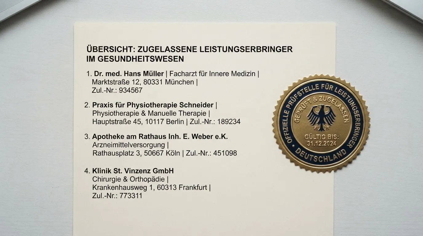 Nahaufnahme einer gedruckten Anbieterliste neben einem amtlichen Prüfsiegel.