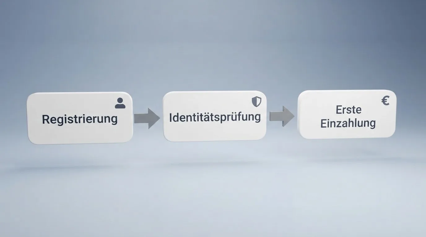 Schematische Darstellung eines Ablaufs von Kontoeröffnung über Identitätsprüfung bis zur ersten Einzahlung als einfaches Liniendiagramm.