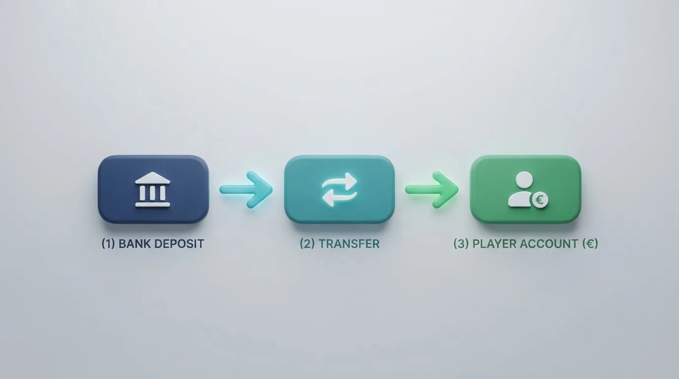 Einfaches Flussdiagramm, das den Weg einer Zahlung von der Bank zum Spielerkonto zeigt.