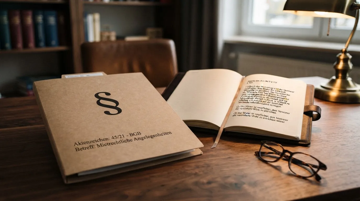 Aktenordner mit Paragraphenzeichen und Gesetzestext auf einem Holztisch.