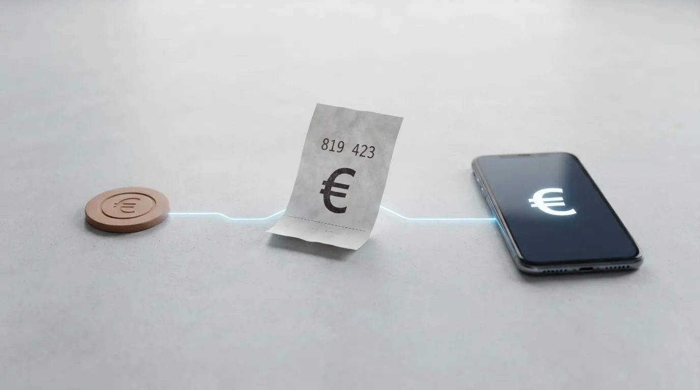 Illustration eines Ablaufs von Barzahlung an der Kasse bis zur Gutschrift auf dem Spielerkonto.
