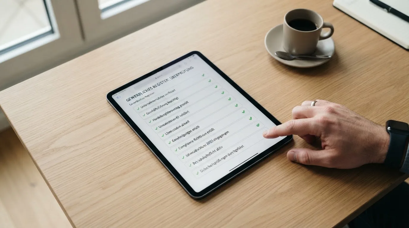 Tablet mit einer digitalen Liste und Häkchen-Symbolen auf einem Schreibtisch.