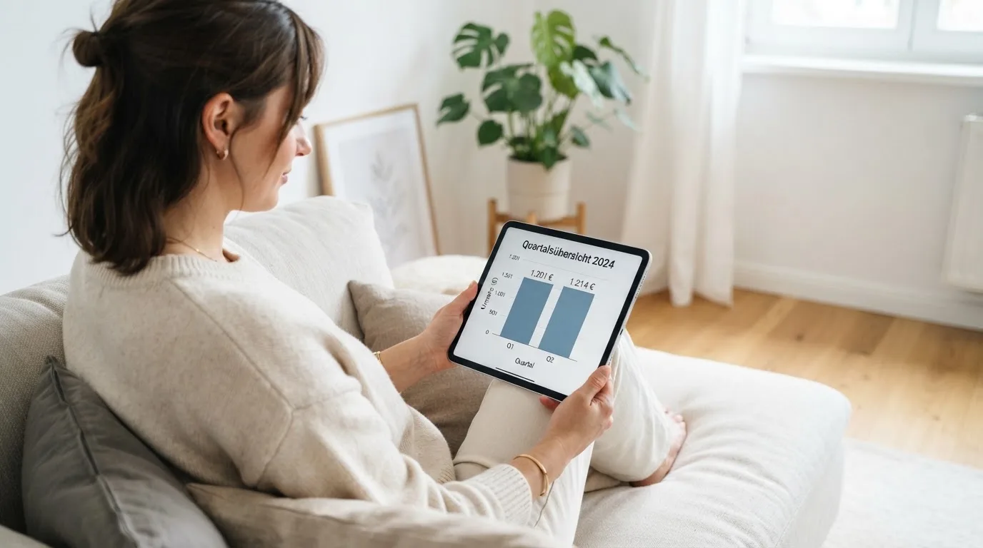 Person betrachtet ruhig ein Balkendiagramm auf einem Tablet in einem hellen Raum.