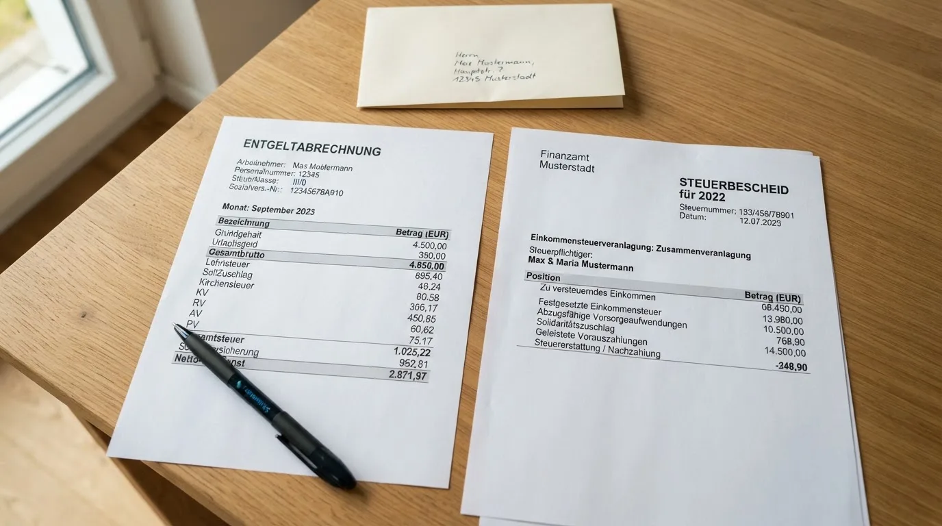 Person legt Gehaltsabrechnungen und einen Steuerbescheid auf einen Schreibtisch.