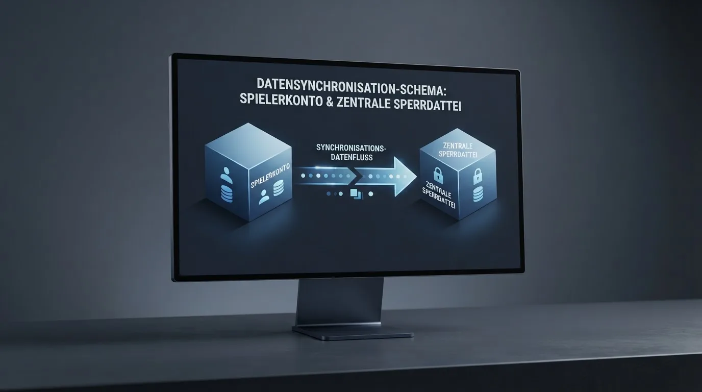 Schema eines Datenabgleichs zwischen einem Spielerkonto und einer zentralen Sperrdatei auf einem Monitor.