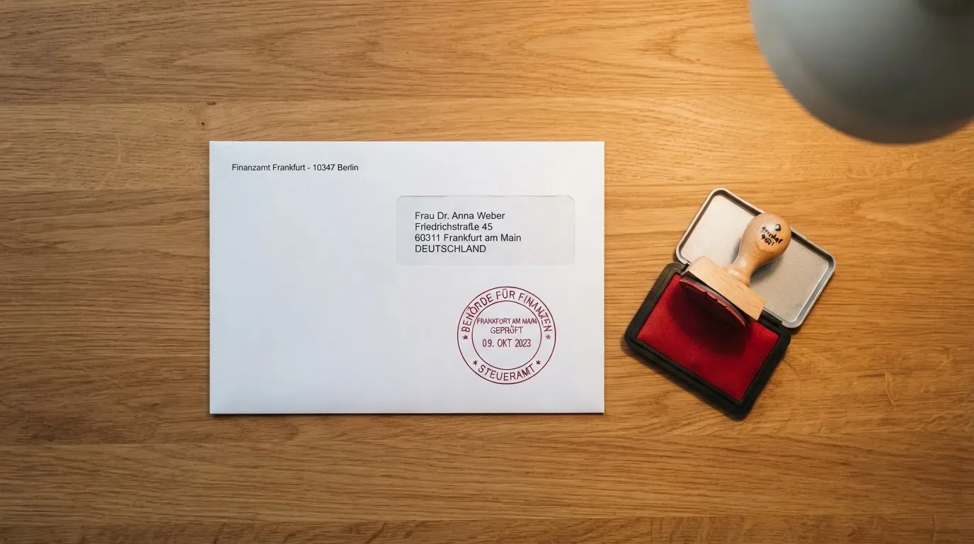 Briefumschlag mit Adressaufkleber auf einem Schreibtisch neben einem Aktenstempel.