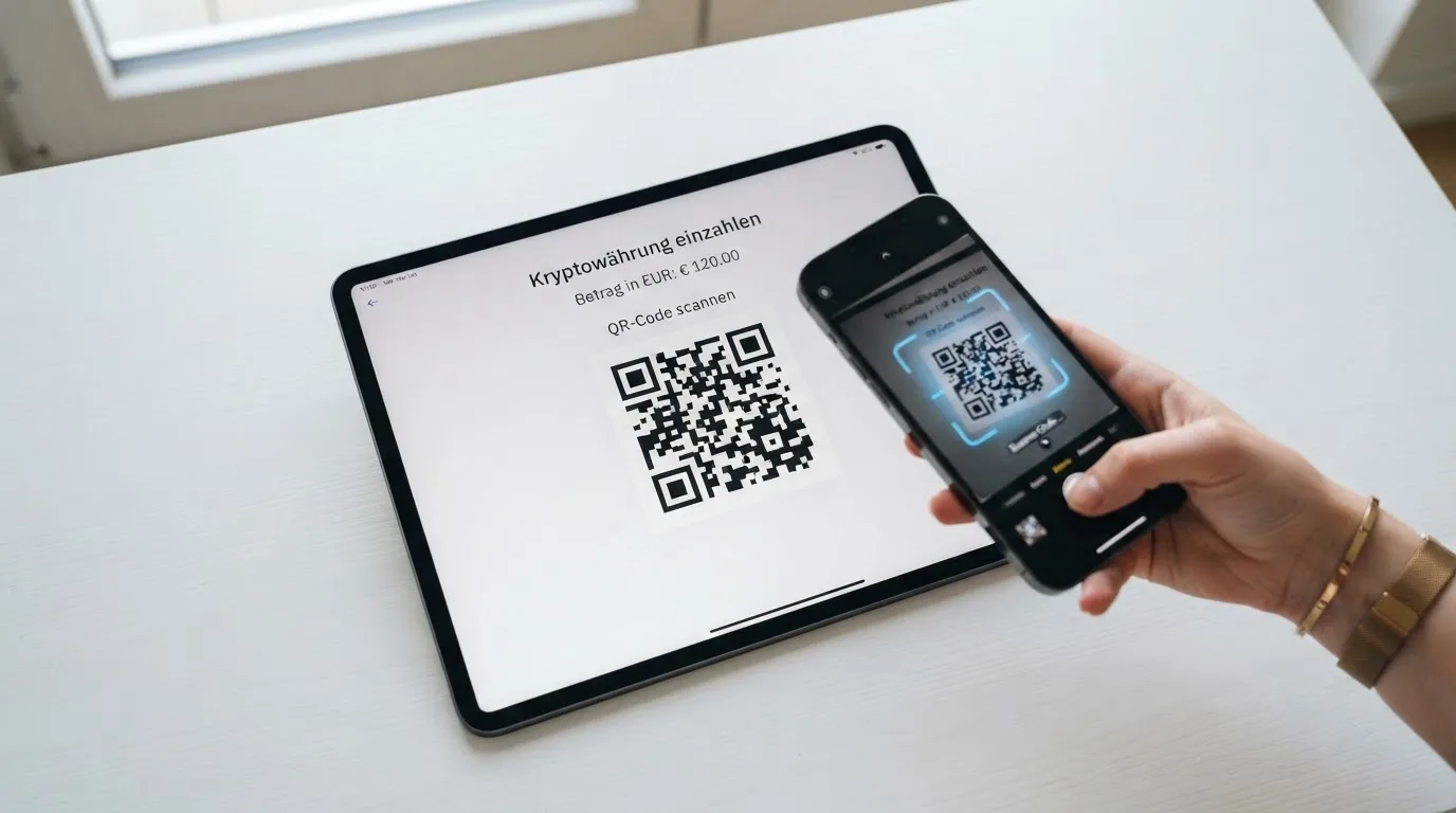 Nahaufnahme einer Hand, die auf einem Tablet einen QR-Code für eine Kryptowährungs-Einzahlung scannt.