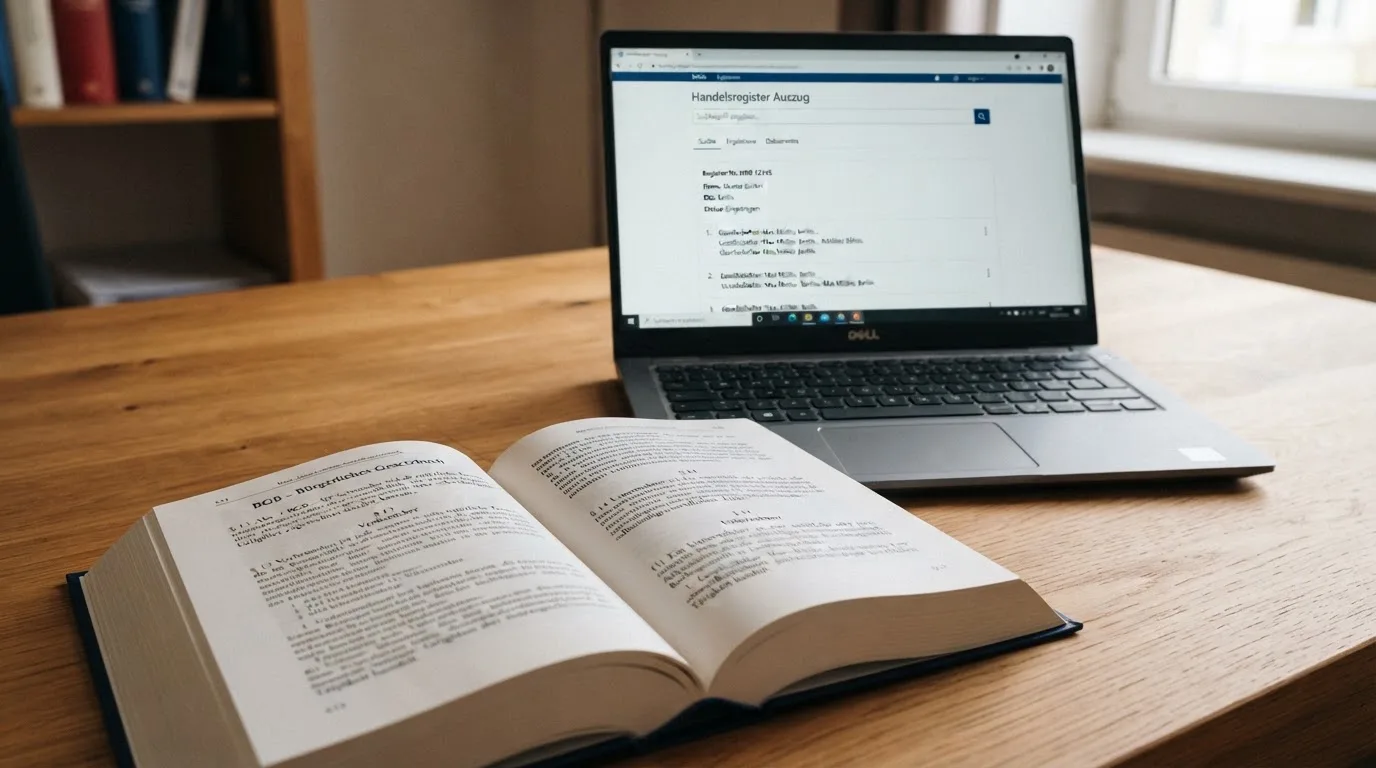 Nahaufnahme eines Gesetzestextes neben einem Laptop mit einer Behördenwebsite auf dem Bildschirm.