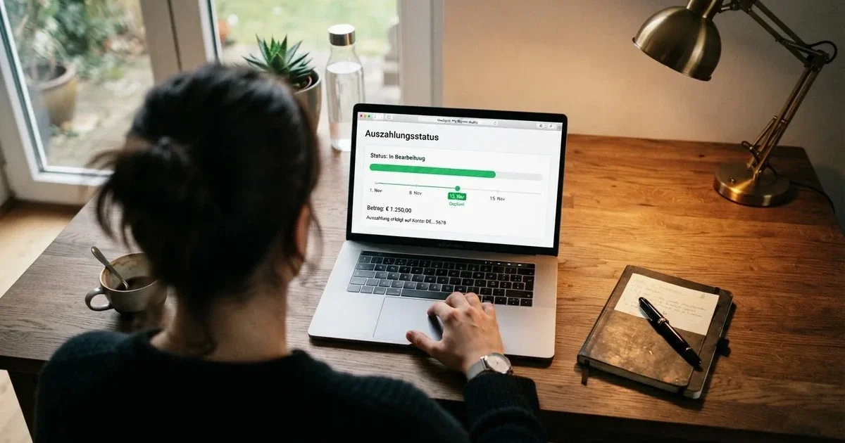Person prüft am Laptop eine Kontoübersicht mit Auszahlungsstatus und Kalenderdatum.